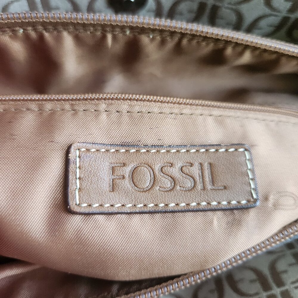 FOSSIL women Handbag Beige Canvas Logo print/Leather 13"x9"x4.5" 2 handles - Picture 3 of 15